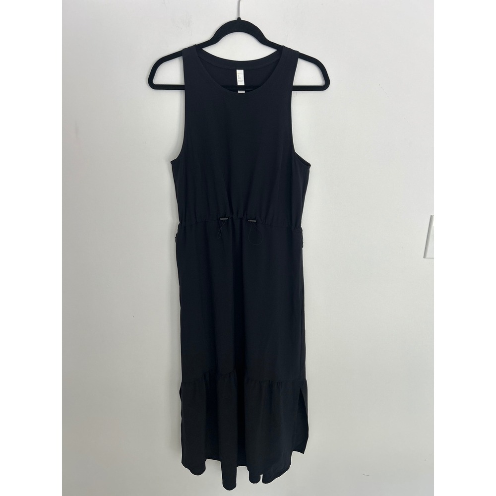 Zella Black Sleeveless Cinched Waist Midi Dress Ruffle Hem Pockets Small